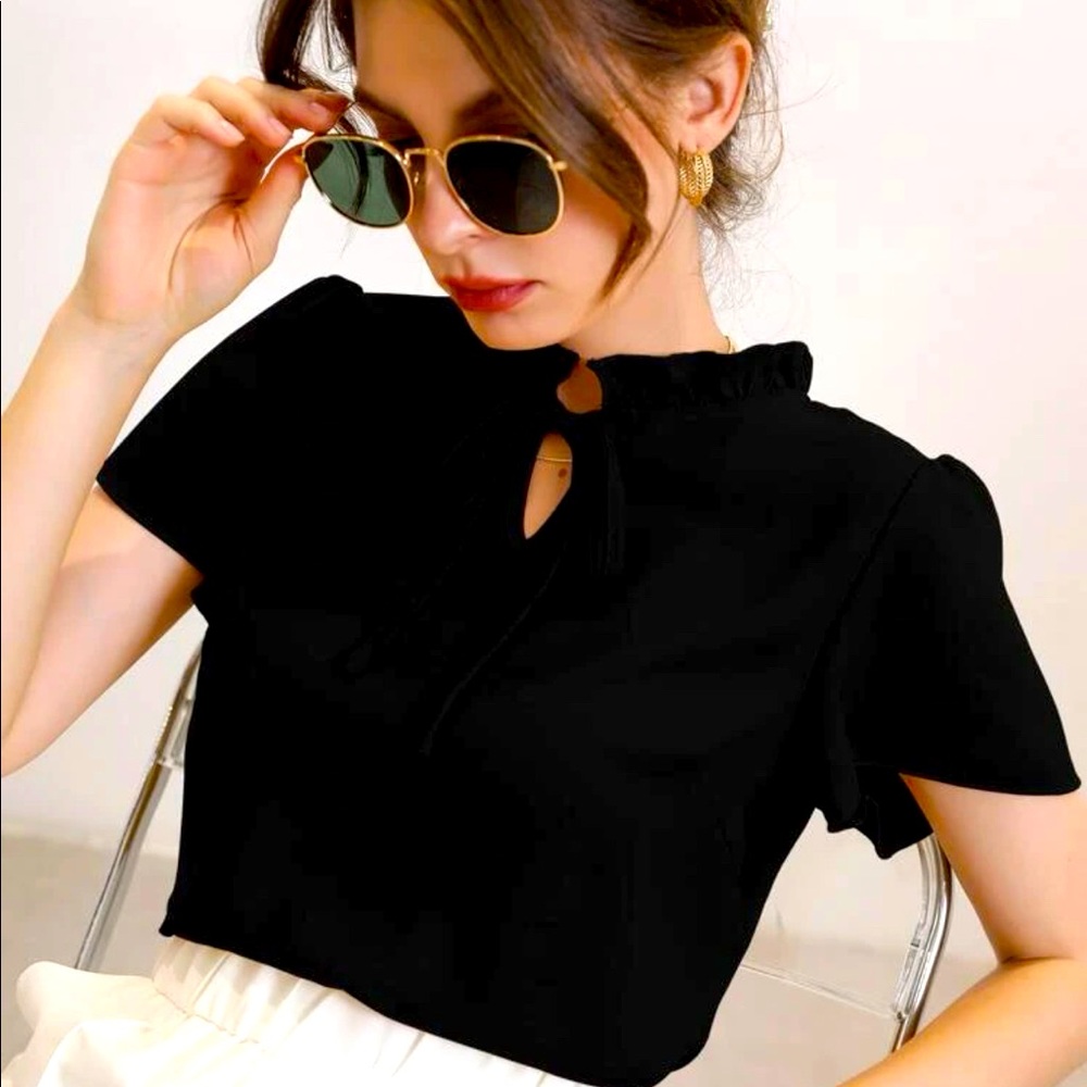 Frill trim tie neck blouse